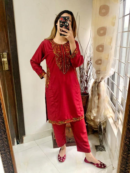 2 Pcs Women's Stitched Linen Embroidered Suit, Red