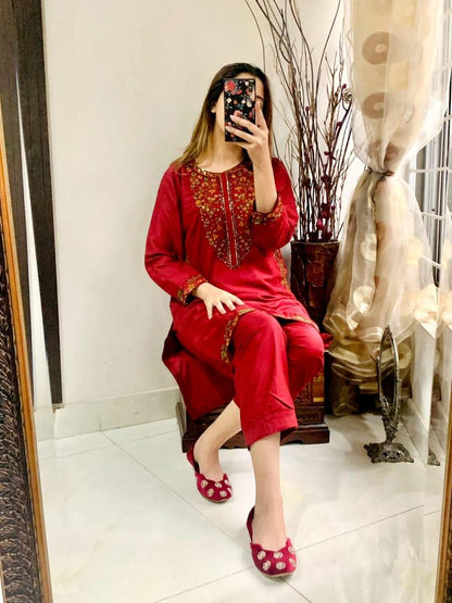 2 Pcs Women's Stitched Linen Embroidered Suit, Red