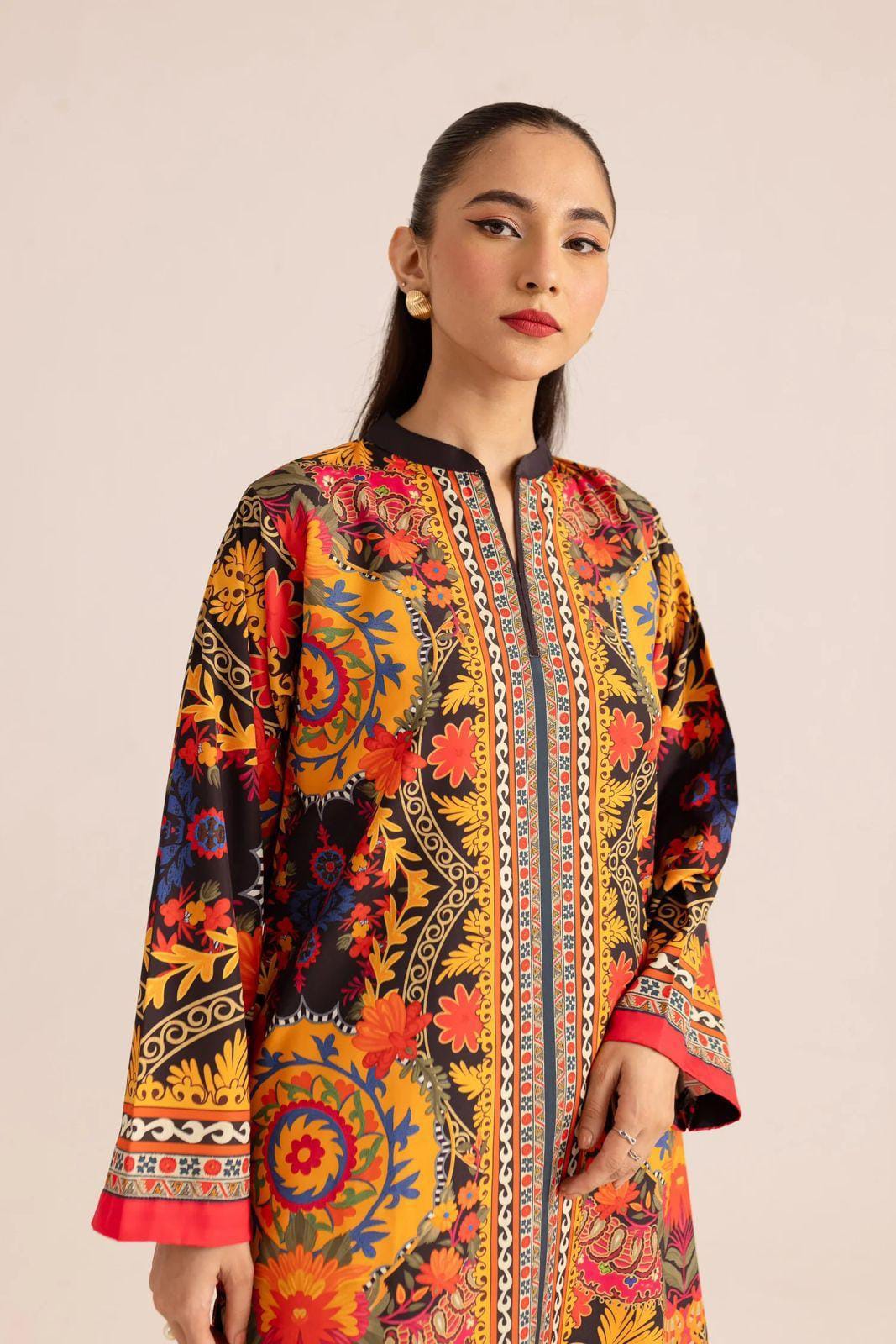 Women's Stitched Printed Shirt and Trouser Set - 2 Pcs in Yellow