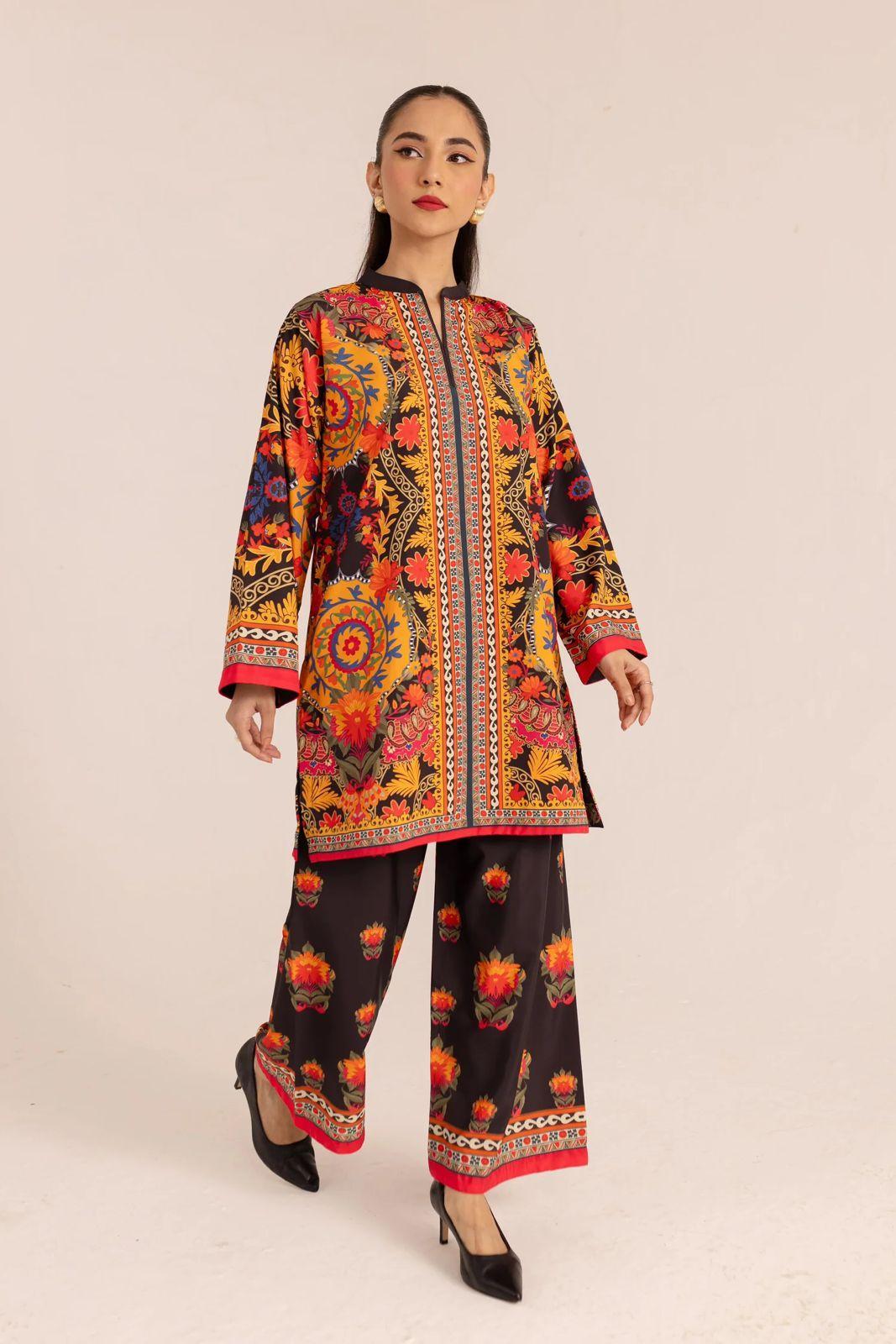 Women's Stitched Printed Shirt and Trouser Set - 2 Pcs in Yellow